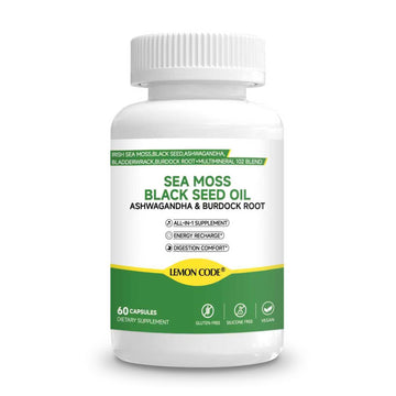 LEMON CODE Sea Moss & Black Seed Oil Capsules with Burdock & Bladderwrack & Ashwagandha, Vitamin C&D,Natural Herbal Complex for Daily Balance, Energy & Digestive Support, Vegan, Non-GMO, 60 Capsules LEMON CODE uk supplements