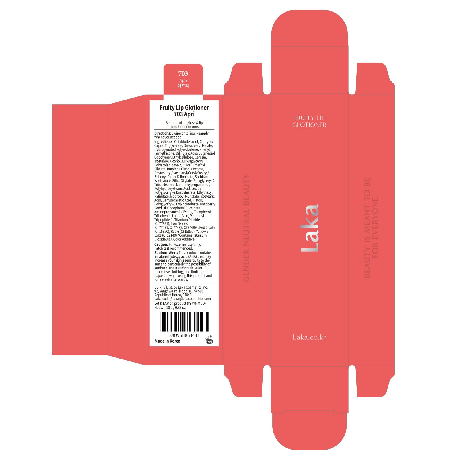 Laka Fruity Lip Glotioner, 10ml/0.33 fl.oz, Lip Gloss with High Shine Vivid Colors, Jelly tip for Hygienic & Easy Application, K-Beauty (#703 Apri) Laka uk supplements