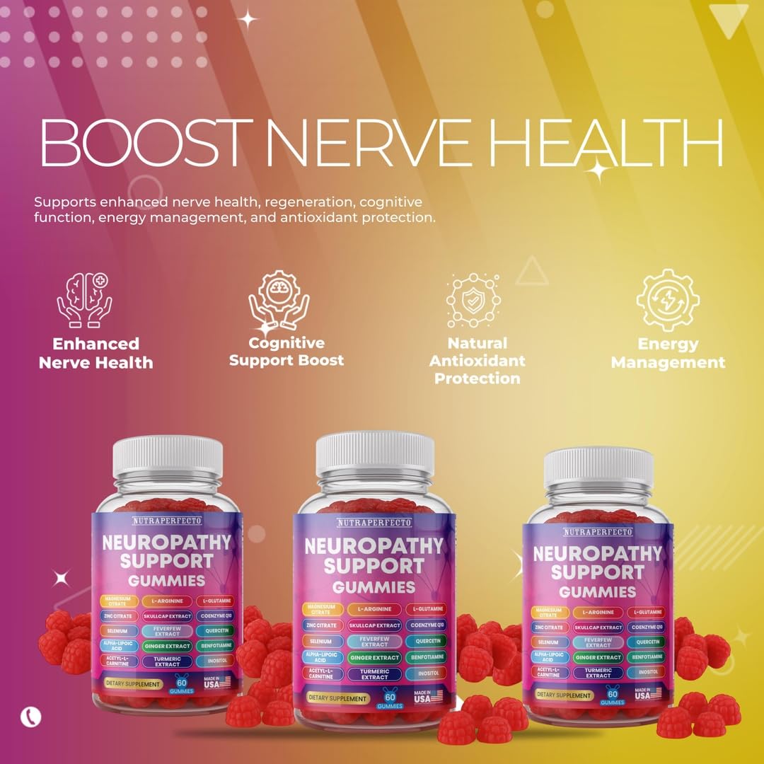 Sugar Free Neuropathy Support Gummies for Nerve – Enhanced Nerve Health, Regeneration, Cognitive Support with Vitamin B1, B6, B12, Magnesium, ALA, Turmeric, CoQ10 & More NutraPerfecto uk supplements