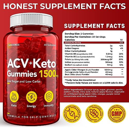 Keto ACV Gummies 1500 mg - Low Sugar Green Apple Flavor - Vegan ACV Keto Gummies SunVerde uk supplements