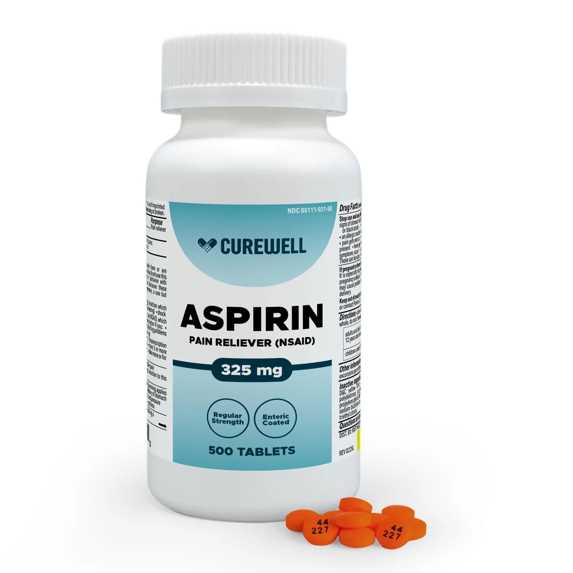 CUREWELL Enteric Coated Aspirin Tablets 325mg (500 Count) NSAID Pain Reliever & Fever Reducer Coated Aspirin for Adults - Regular Strength for Headache Arthritis Menstrual & Muscle Pain CUREWELL uk supplements