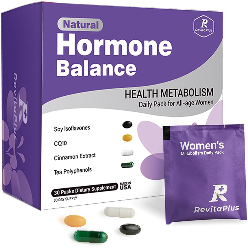 Natural Hormone Balance for Women, Menopause Supplements for Women with Evening Primrose Oil,CoQ10,Soy Isoflavones, Daily Pack Supports Peri+Menopause+Post, PMS,Metabolism,Mood,Energy 30Packs RevitaPlus uk supplements