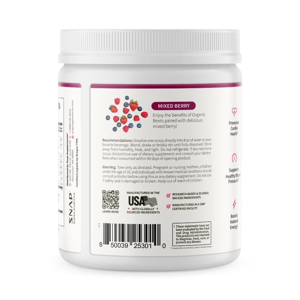 Snap Supplements Organic Beet Root Powder Nitric Oxide Supplement for Men & Women, Red Spinach & Pomegranate, Supports Healthy Energy & Blood Pressure Already in Normal Range, 30 Servings, Mixed Berry Snap Supplements uk supplements