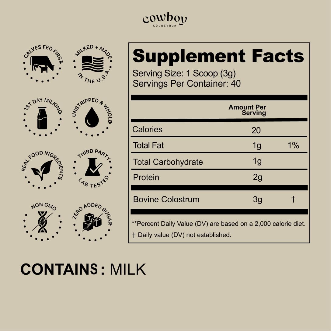 Cowboy - The Exclusive 1st Milking, Whole, Grass Fed Colostrum Supplement for Full Body Health - Bovine Colostrum Powder Packed w/Bioactive Nutrients - Sugar Free (Unflavored, 40 Servings) COWBOY COLOSTRUM uk supplements