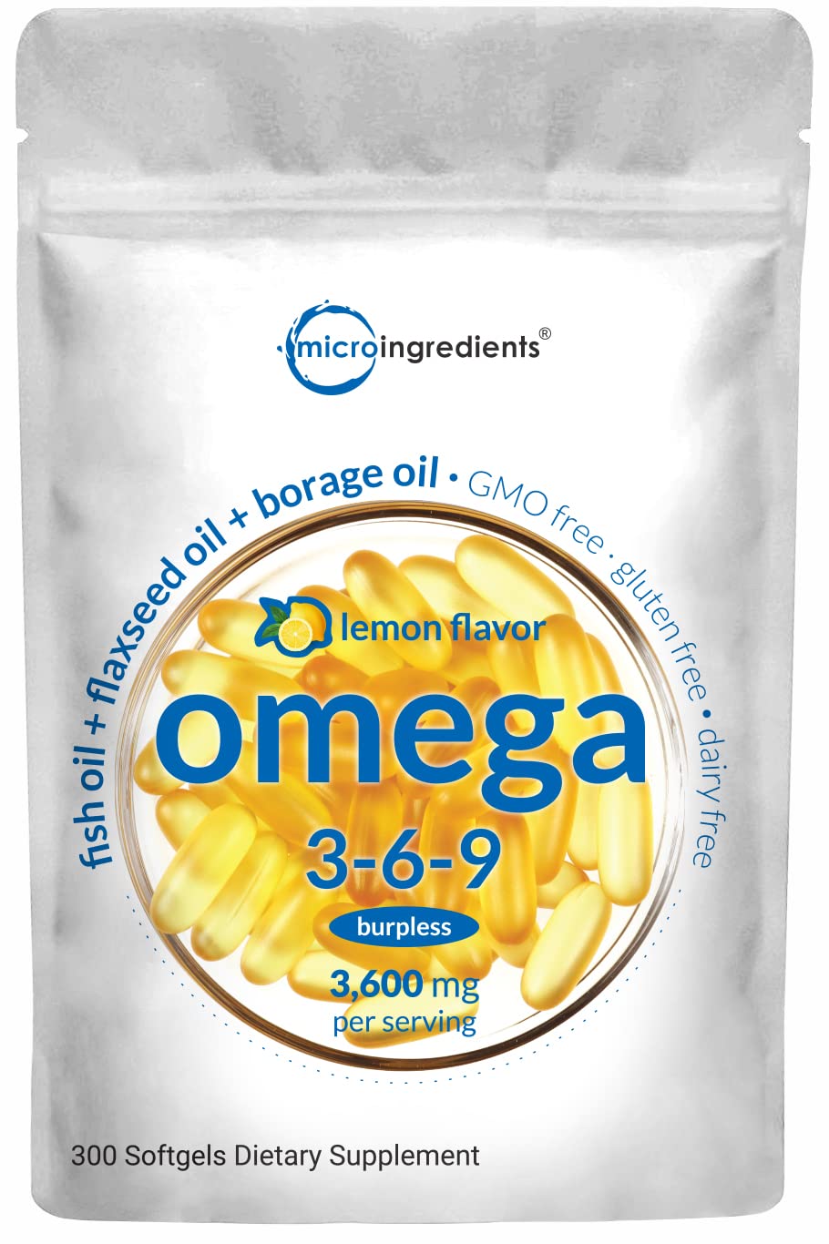 Ultra Omega 3-6-9 3600mg Perserv, 300 Burpless Softgels | Lemon Flavor Micro Ingredients uk supplements