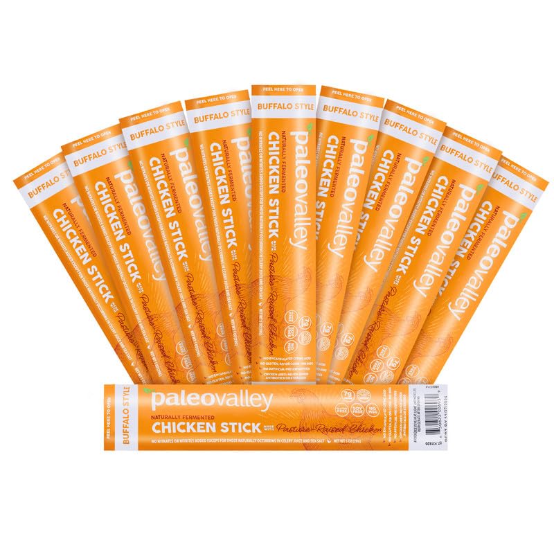 Paleovalley Pasture-Raised Chicken Sticks – 10 Pack – 7g Protein per Stick – Keto-Friendly, Paleo, Gluten-Free, Nitrate-Free – On-the-Go Snack (10 Pack, Buffalo) Paleovalley uk supplements