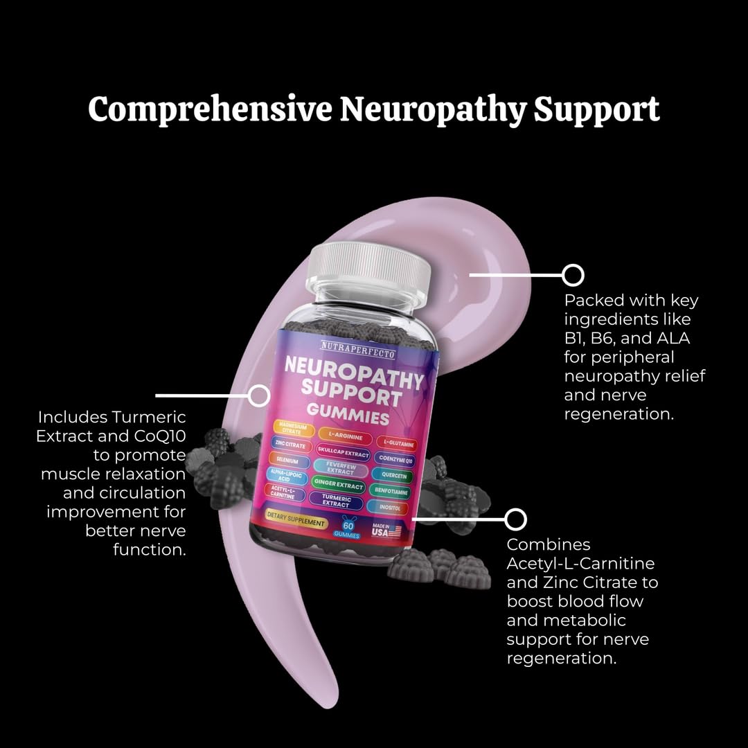 Sugar Free Neuropathy Support Gummies for Nerve – Enhanced Nerve Health, Regeneration, Cognitive Support with Vitamin B1, B6, B12, Magnesium, ALA, Turmeric, CoQ10 & More NutraPerfecto uk supplements