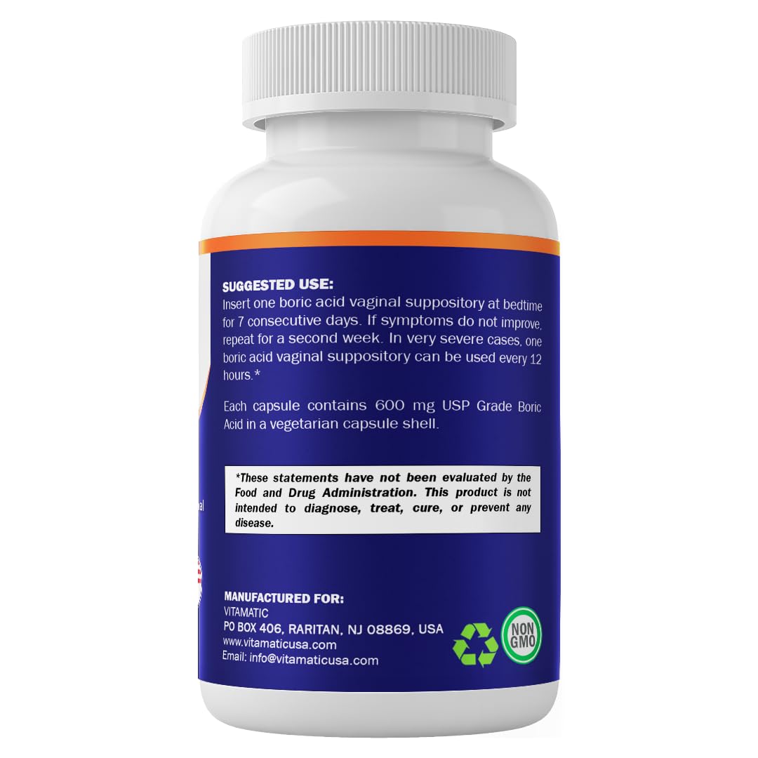 Vitamatic Boric Acid Vaginal Capsule Shell Suppositories 600 mg USP Grade Boric Acid in Vegetarian Capsule Shell - 60 Count Vitamatic uk supplements
