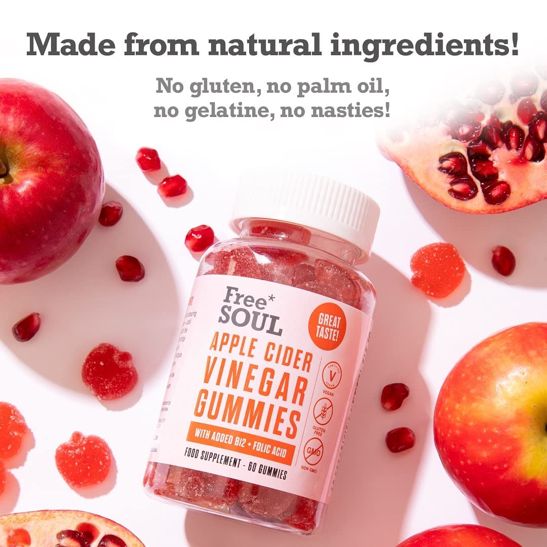 Apple Cider Vinegar Gummies with The Mother 1000mg Enhanced with Vitamin B12 & Folic Free Soul uk supplements