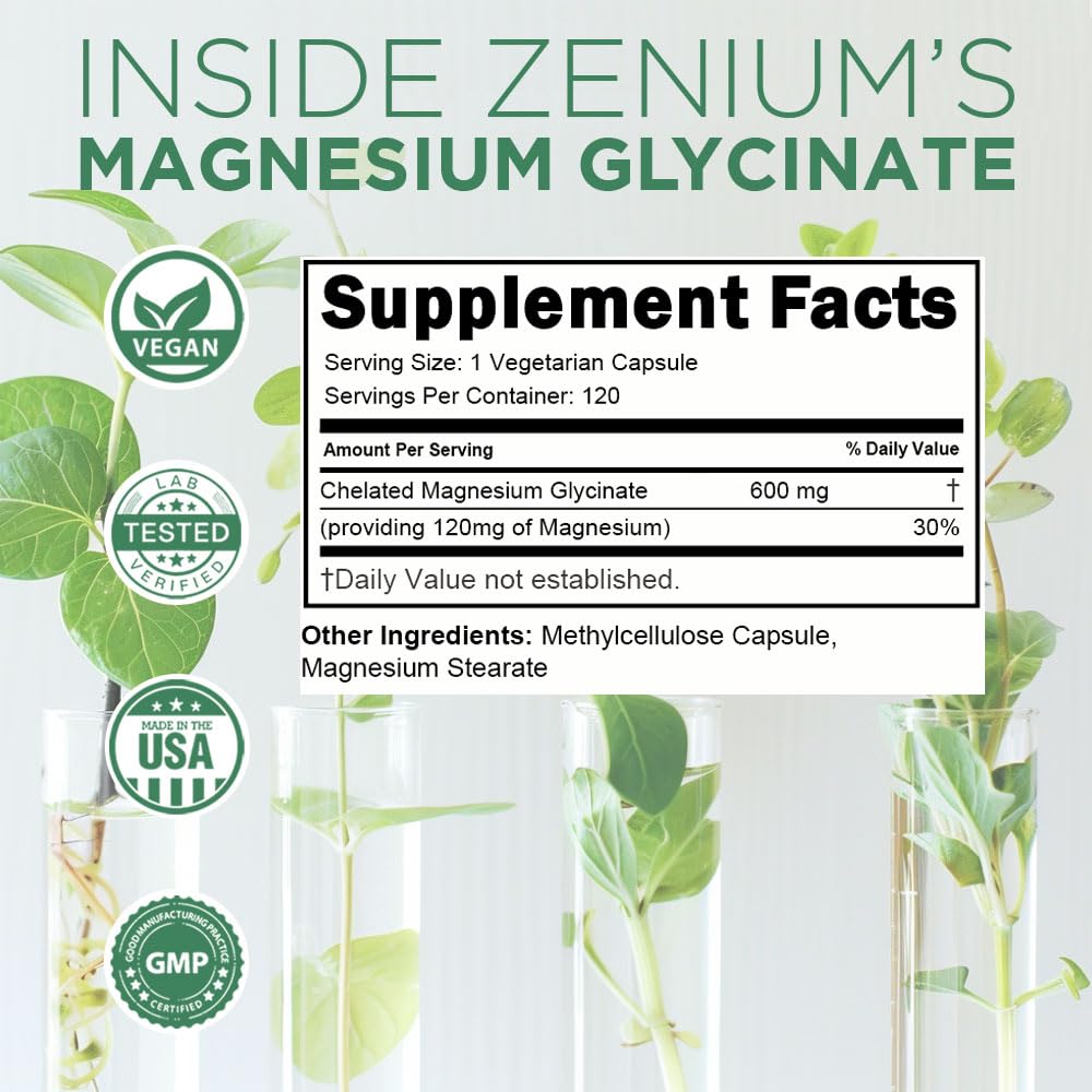 Zenium - Magnesium Glycinate for Sleep, Chelated, 600mg per Serving, 120 Capsules | High Absorption | Relieve Tension, Worry, Nervousness | Calm The Mind & Body | Ayurvedic | Natural Relief Supplement Zenium uk supplements