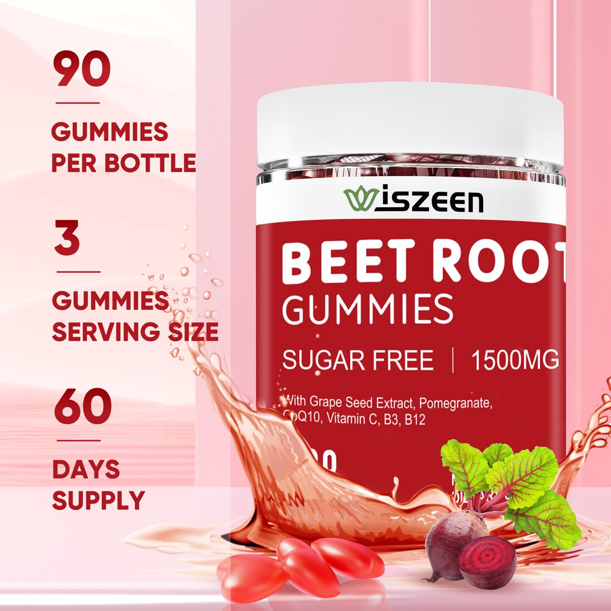Wiszeen Beet Root Gummies - 60 Servings - Beets Gummies Beet Chews Nitric Oxide Wiszeen uk supplements