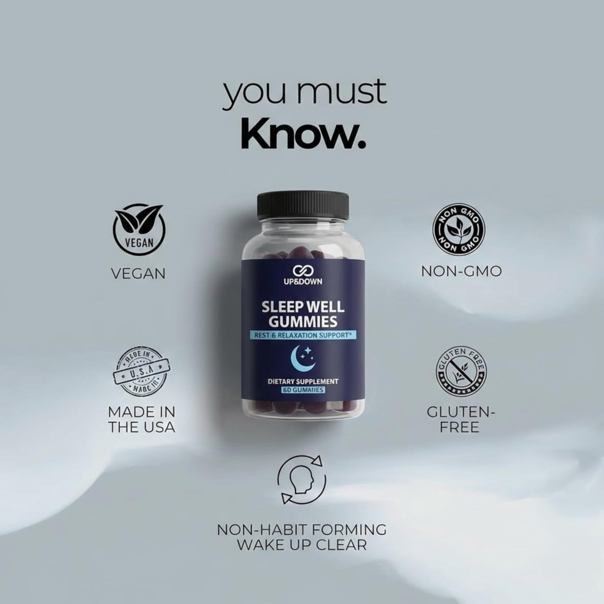 Up&Down Supplements Sleep Well Gummies | Deeper Sleep, Relaxation, Rest & Recovery Support | Melatonin, Vitamin B6 & Passionflower | Made in USA | Vegan, Non-GMO, Gluten Free | 60 Sleep Gummies Up&Down Supplements uk supplements