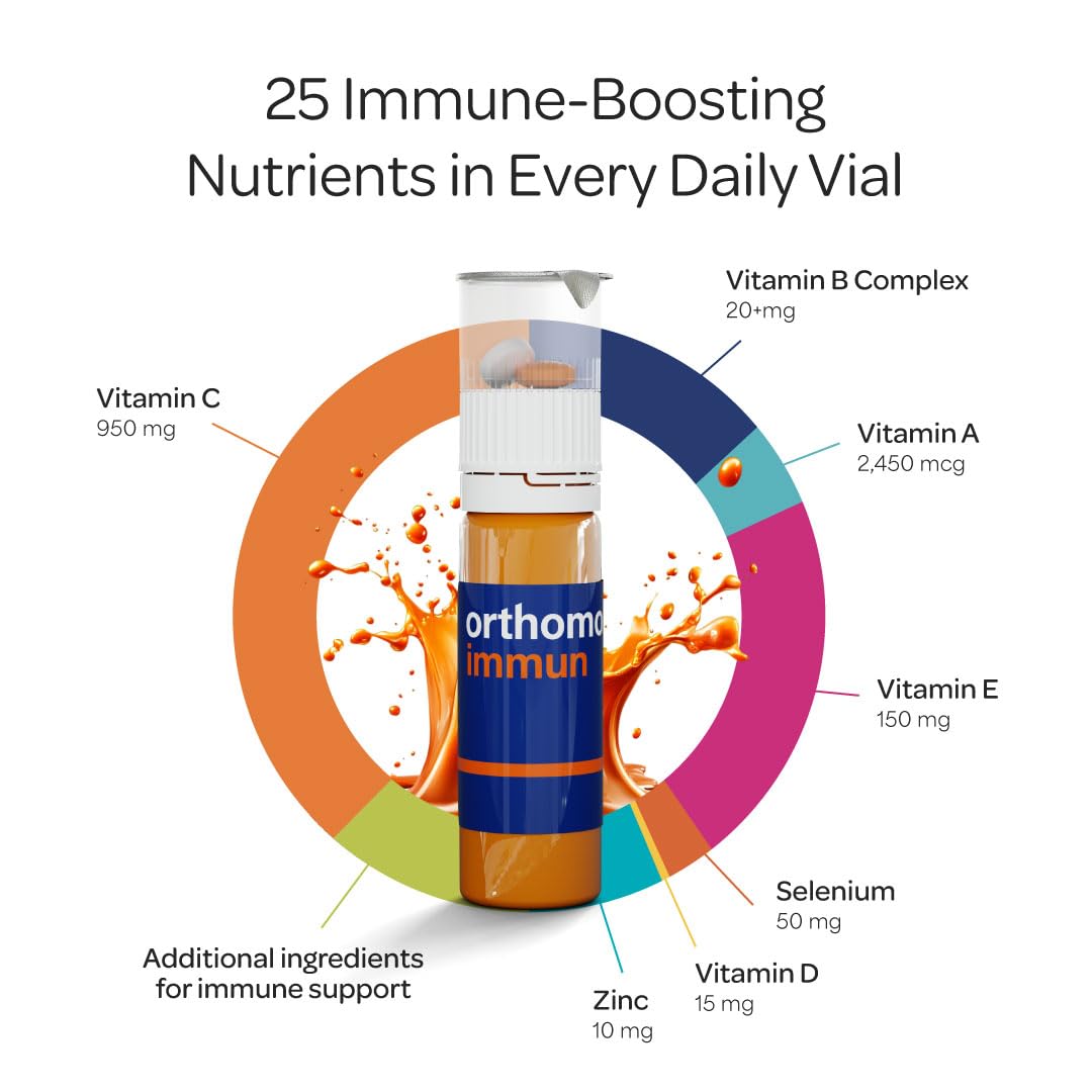 Orthomol Immun, Immune Support Vials for Adults with Vitamin C, Zinc, Selenium, Iodine, Vitamin D, E, A ,B, Calcium, 25+ Immune Boost Nutrients, 1 Serving Per Day for Daily Health (30 Day Supply) Orthomol uk supplements