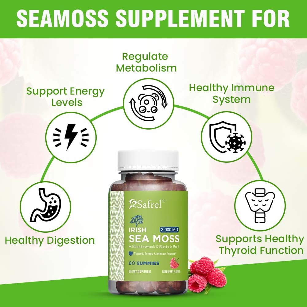 Safrel Irish Sea Moss Gummies 3000mg with Bladderwrack and Burdock Root, Thyroid Energy and Immune Support, Vegan Raspberry Flavor, 60 Gummies Safrel uk supplements