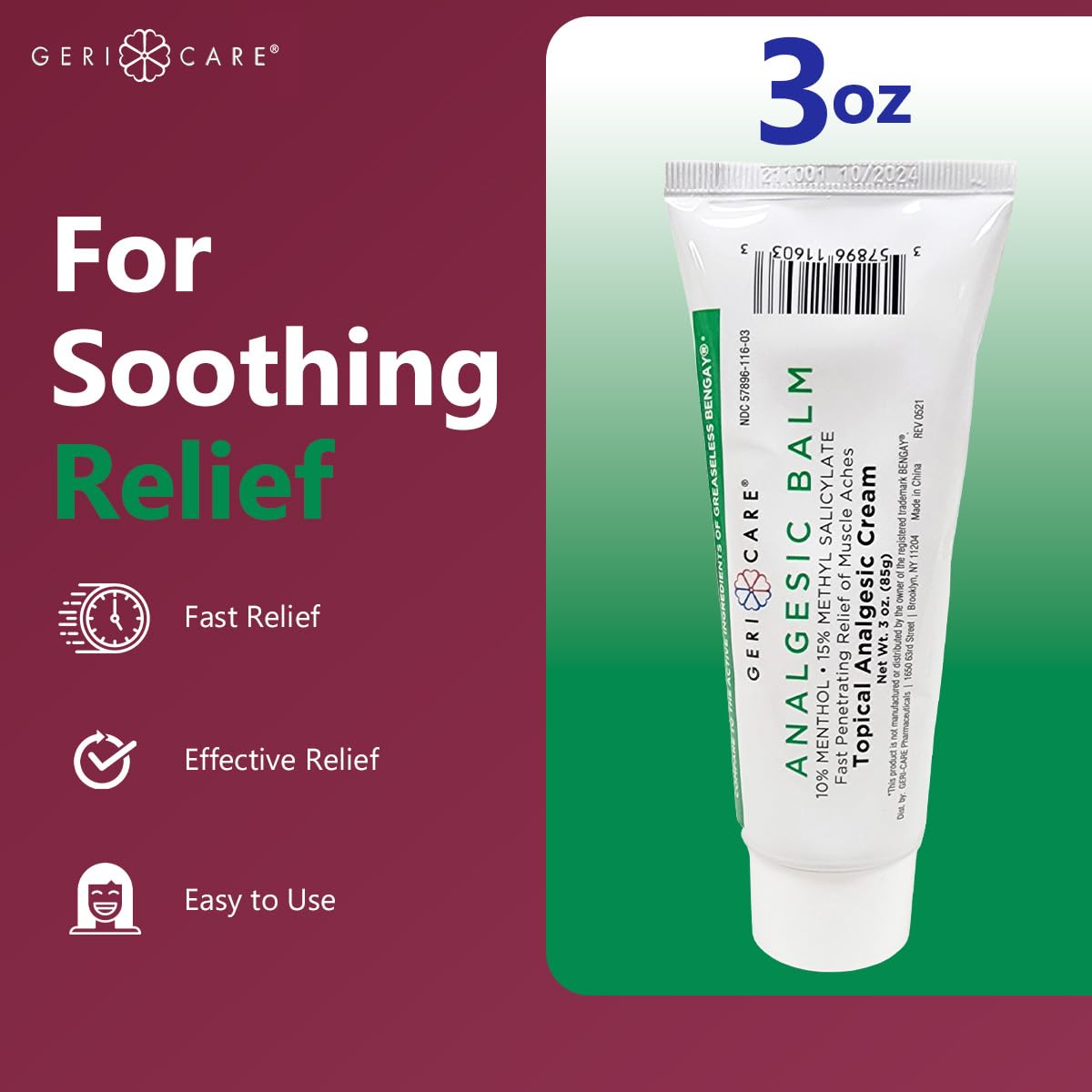 GeriCare Topical Analgesic Cream, Menthol 10%, Methyl Salicylate 15%, Fast Absorption, Pain Relief of Minor Muscle Aches, Body Stiffness, Joint Pain & Soreness, 3 Ounce (Pack of 1) GeriCare uk supplements