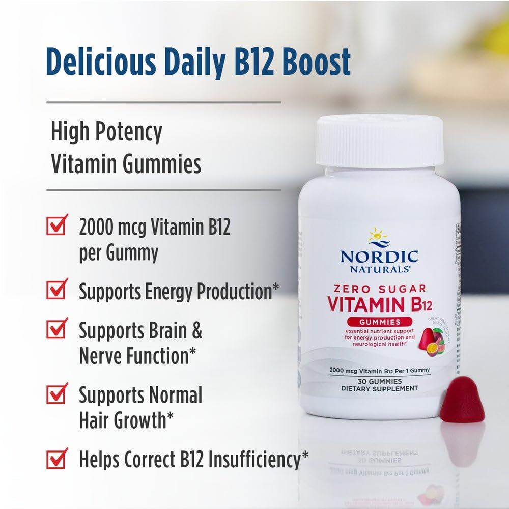 Nordic Naturals Zero Sugar Vitamin B12 Gummies - 2000 mcg Vitamin B12 per Gummy, Passion Fruit Guava Flavor - 30 Gummies, Essential Nutrient Support for Energy Production and Brain Health, 30 Servings Nordic Naturals uk supplements