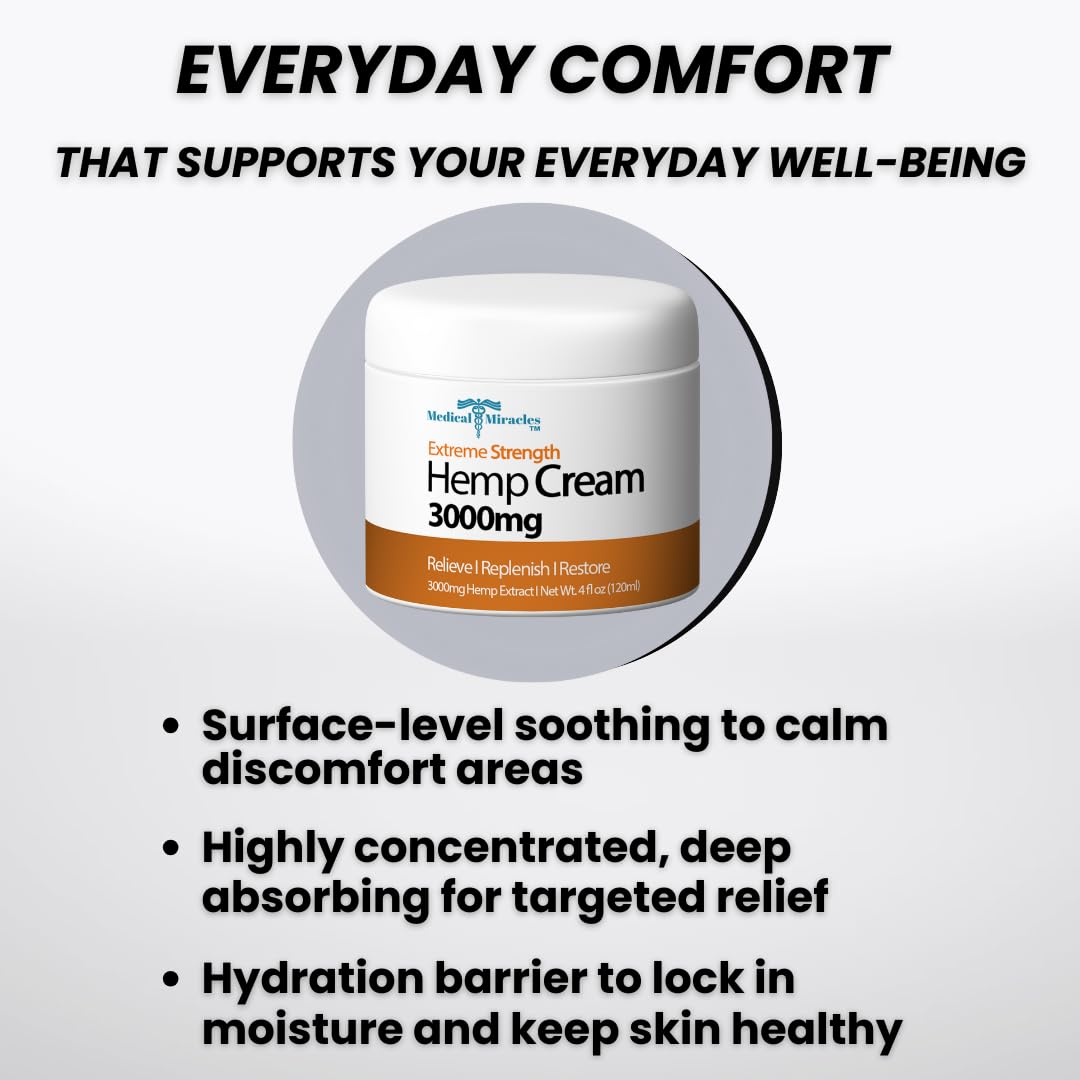 Medical Miracles Hemp Relief Cream - Ideal for Muscles, Joints, Neck, Back, Elbows, Hands, Feet, and Knees - (3000mg) Medical Miracles uk supplements