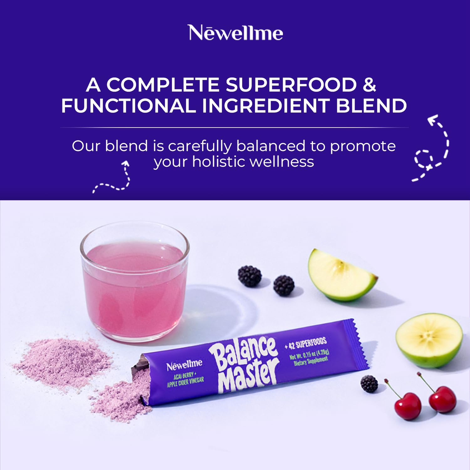 NEWELLME Balance Master Acai Apple Cider Vinegar Powder, Healthy Blood Sugar Support, Probiotics & Digestive Enzymes for Metabolic Support, Vegan Non-GMO, 14 Servings NEWELLME uk supplements