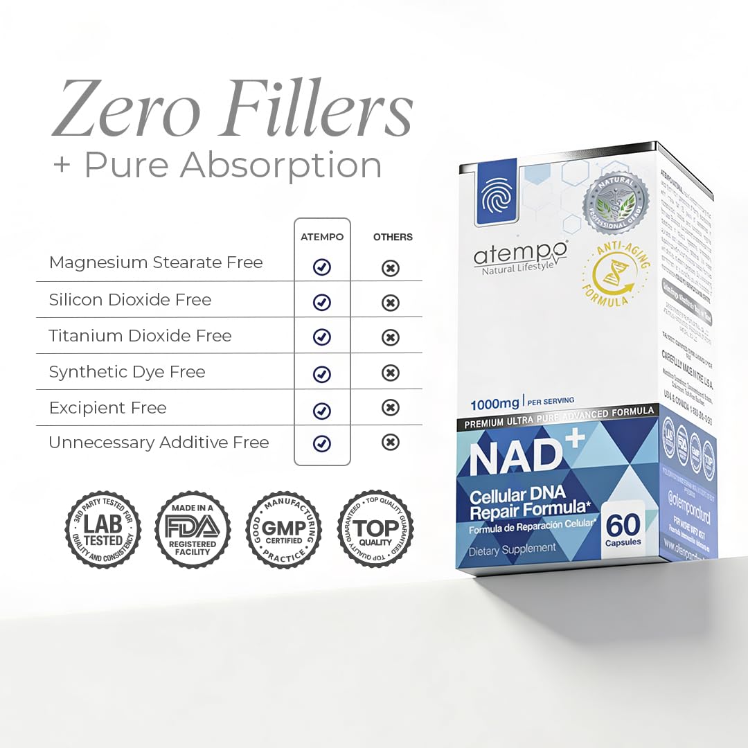 NAD+ Supplement 1000 mg High Absorption – Supports Energy, Cellular Health, Brain Function, and Healthy Aging – Pure NAD Formula with 60 Capsules ATEMPO NATURAL LIFESTYLE uk supplements