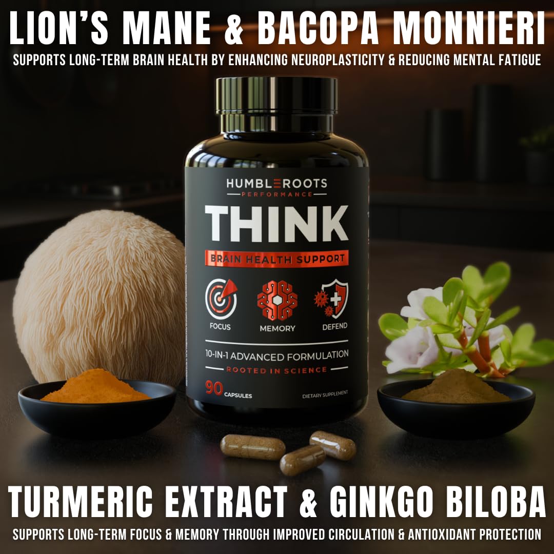 FOCUS + THINK Nootropic Brain Supplement Bundle - Energy, Memory & Focus Support - Caffeine + Caffeine-Free Cognitive Stack with Lion's Mane, Bacopa, Citicoline & L-Theanine - 2 Bottles (90 + 90 Capsu HUMBLEROOTS PERFORMANCE uk supplements