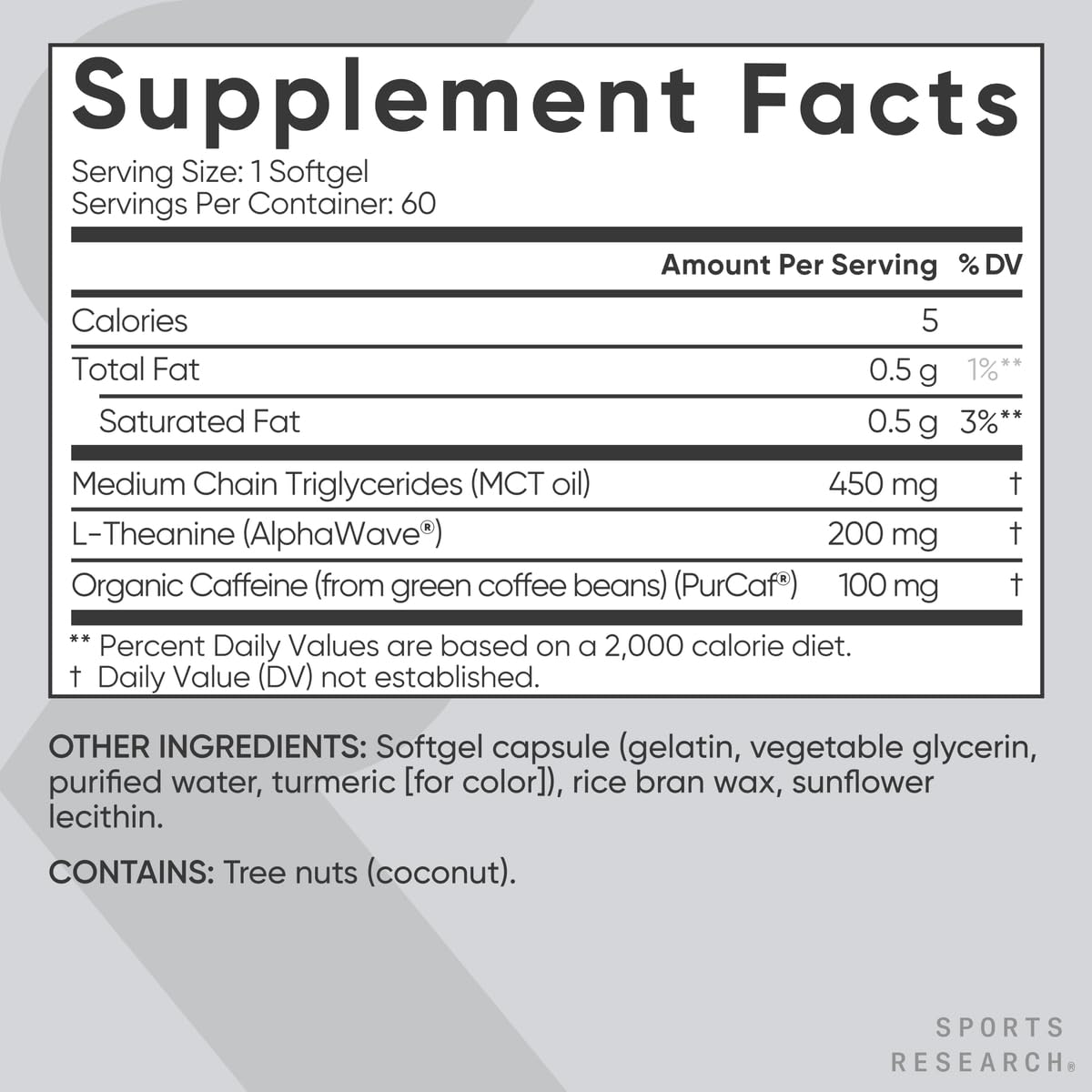 Sports Research L-Theanine Supplement with Caffeine & Coconut MCT Oil - Focused Energy, Alertness & Relaxation Without Drowsiness - 200mg L Theanine, 100mg Organic Caffeine - 60 Liquid Softgels Sports Research uk supplements