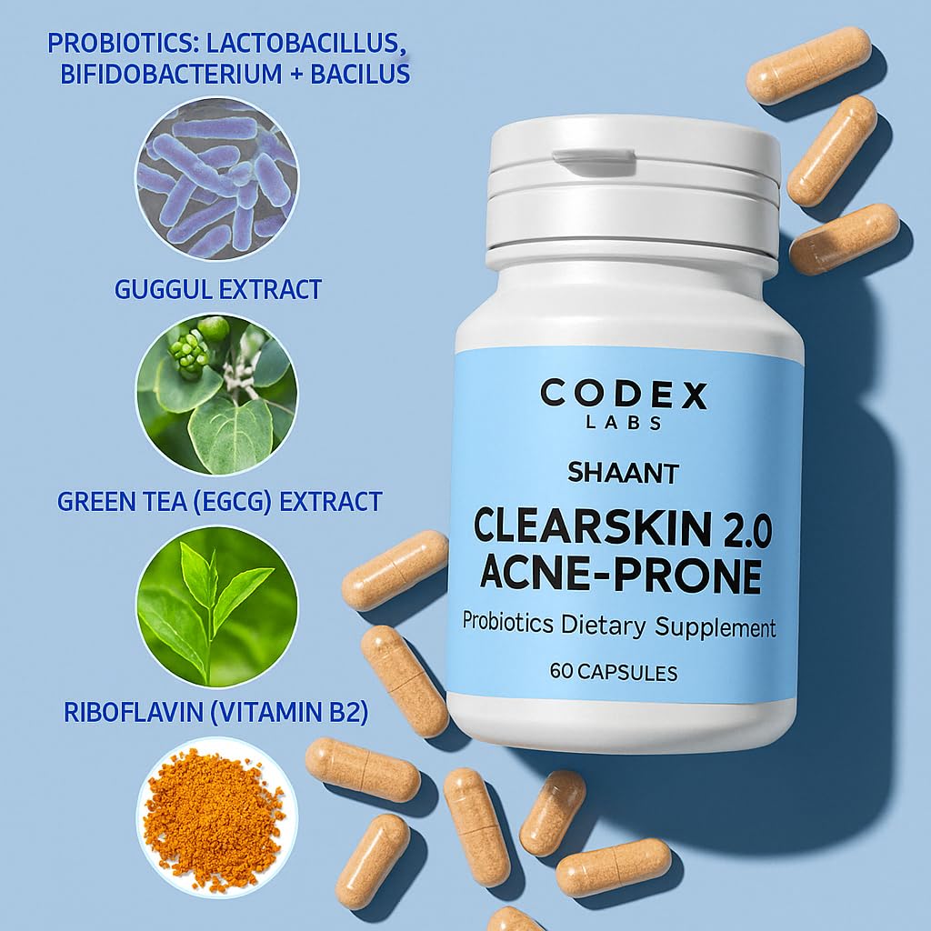 Codex Labs Shaant Clear Skin Supplement – 60 Vegan Capsules | Acne Probiotics with 9-Strain Blend, Green Tea EGCG & Guggul – Daily Support for Acne-Prone Skin & Clear Complexion Codex Labs uk supplements