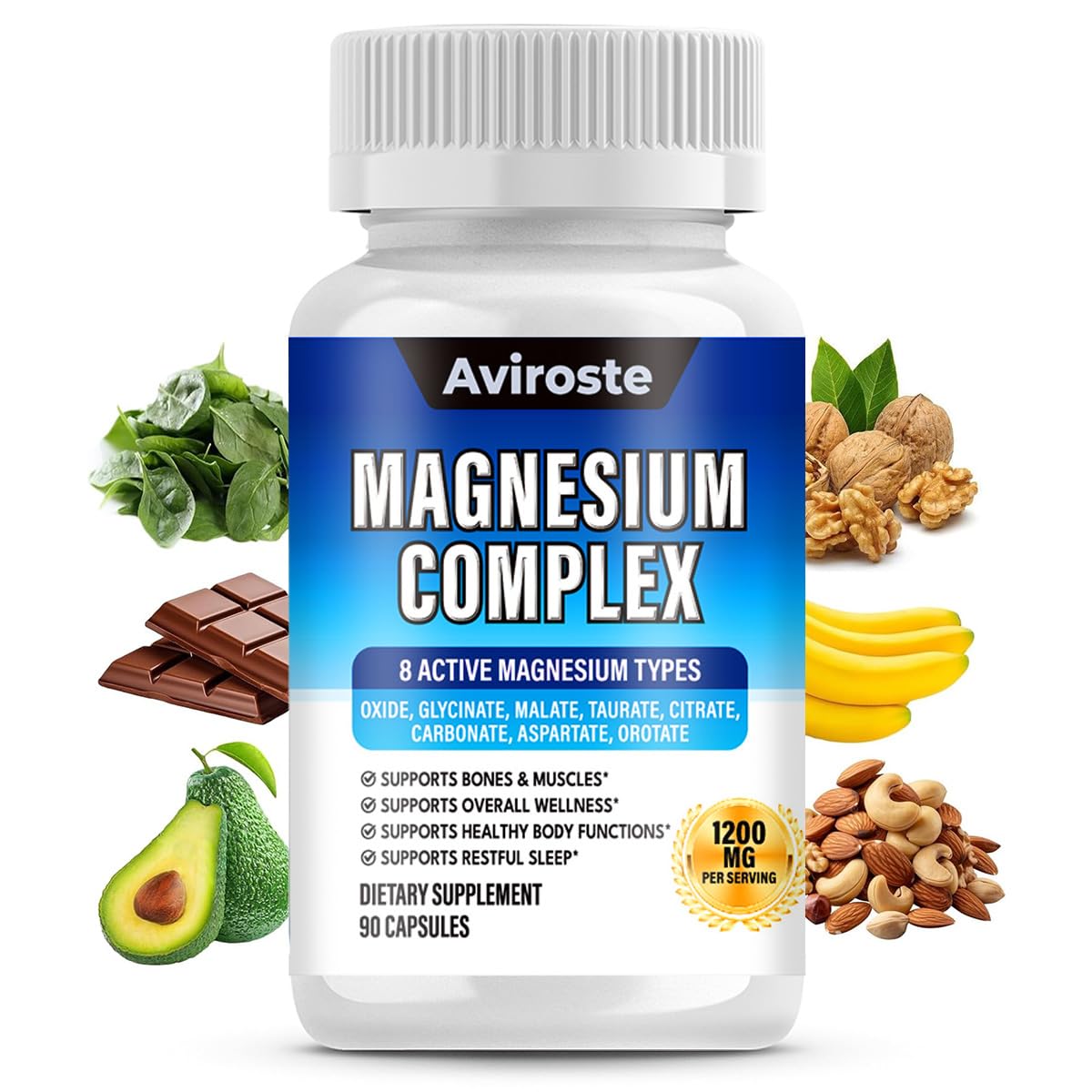 8 in 1 Magnesium Complex Supplement - 8 Elemental 1000mg - Magnesium Glycinate, Citrate, Malate, Taurate - High Absorption,for Muscle, Nerve & Sleep Support - 90 Capsules Aviroste uk supplements