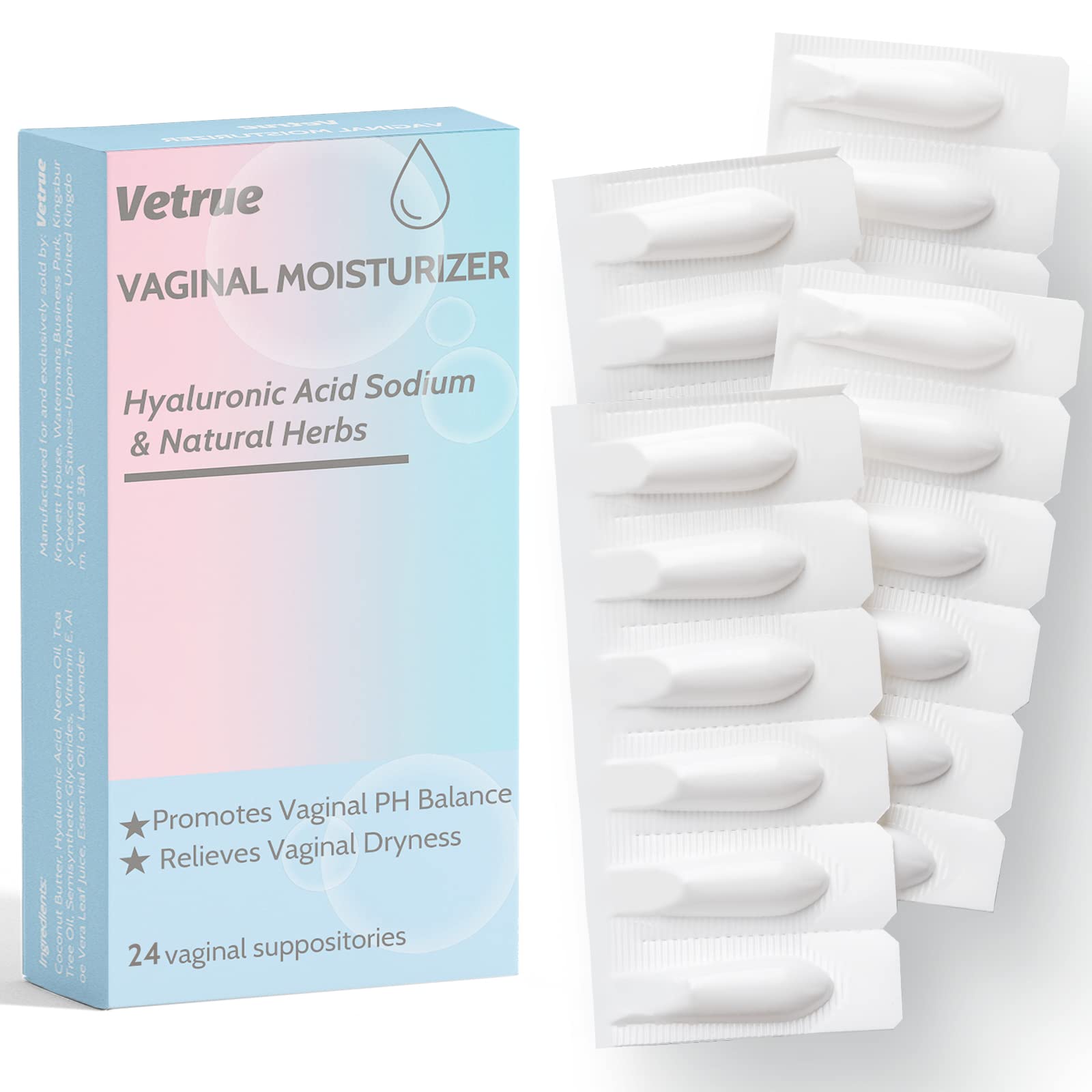 Intimate Moisturizer, Vaginal Suppository for Dryness & Discomfort, Feminine Long Lasting Hydration Support with Hyaluronic Acid and Natural Herbs - PH Balance, Estrogen and Drug Free (24 Inserts) vetrue uk supplements