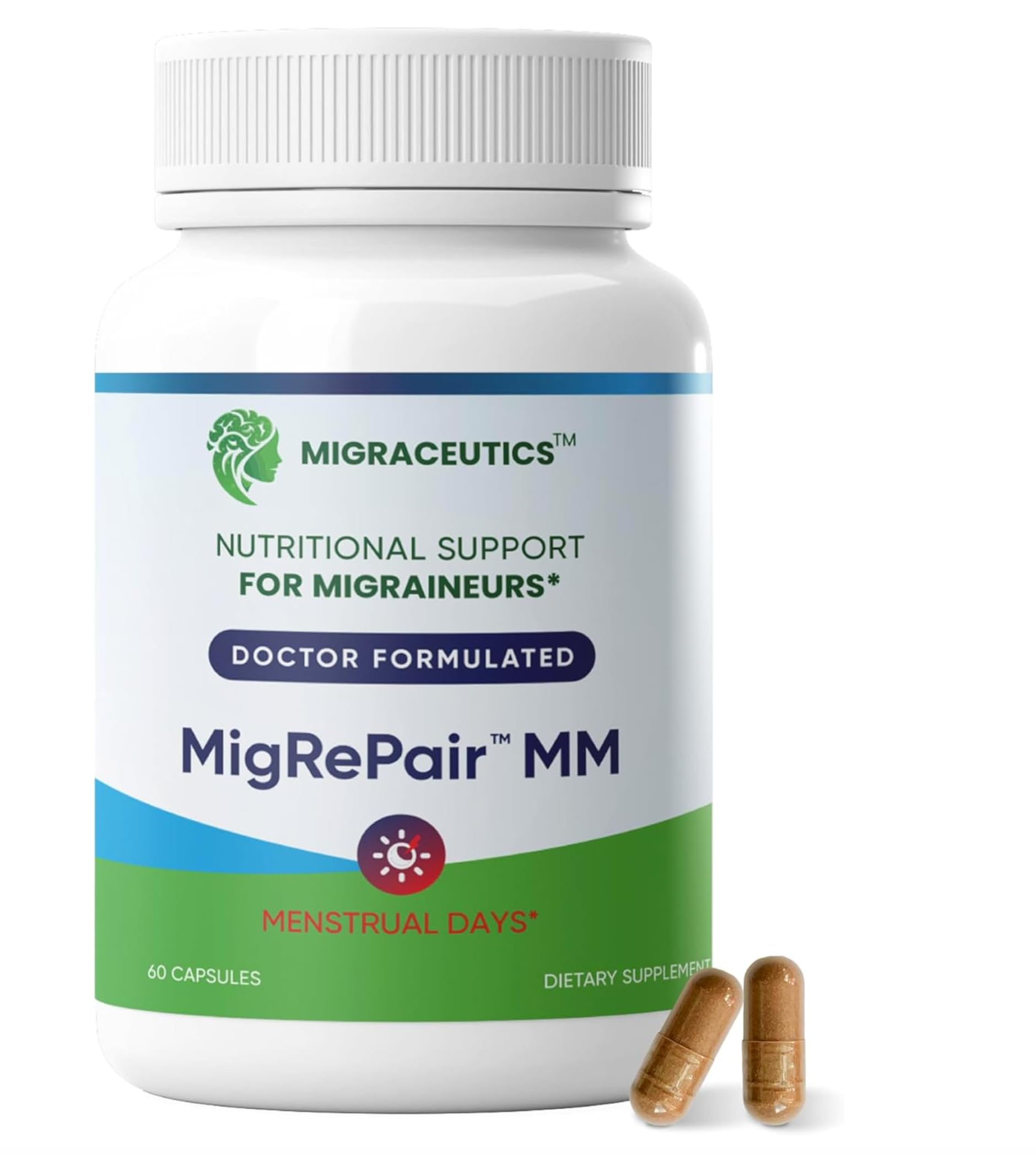 MigRePair MM Bottle of 60 - Doctor Formulated Natural Herbal Migraine Supplement for Women, Menstrual Migraine Relief, Hormonal Migraine Support with Feverfew, White Willow Bark Pine Bark & Grape Seed Migraceutics uk supplements