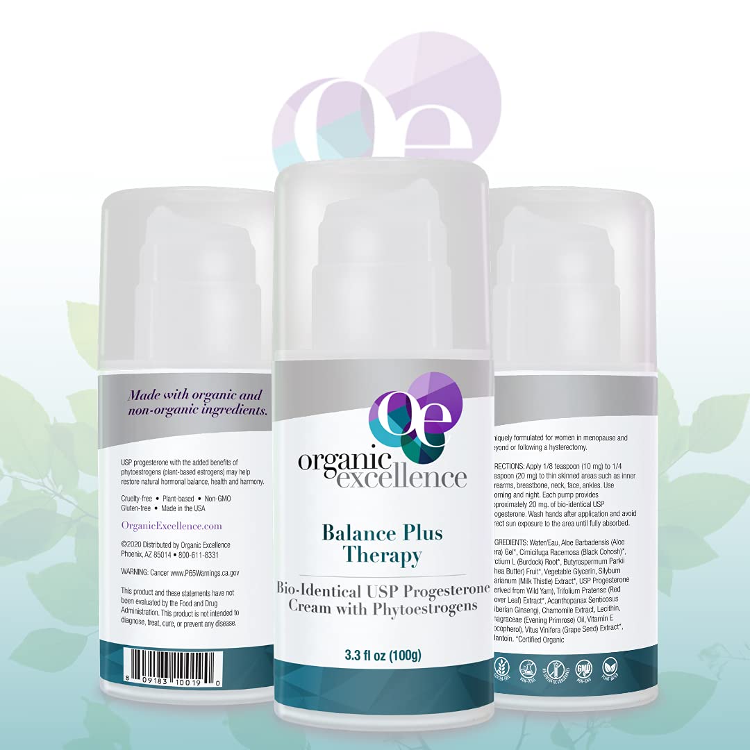 Organic Excellence Balance Plus Therapy - USP Bioidentical Organic Progesterone Cream for Women - with Phytoestrogens - for Menopause Relief and Natural Hormone Balance, 3.3 fl oz (100g) Organic Excellence uk supplements