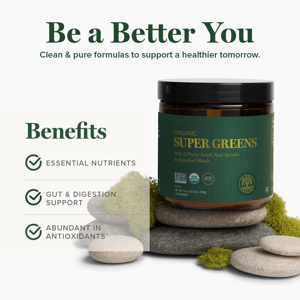 Global Healing Organic Super Greens Powder Blend - Greens Superfood Powder with 15 Raw Whole Sprouts - Delicious Green Juice Smoothie Mix for Daily Nutrition - Non-GMO, Gluten-Free Greens Supplements Global Healing Center uk supplements