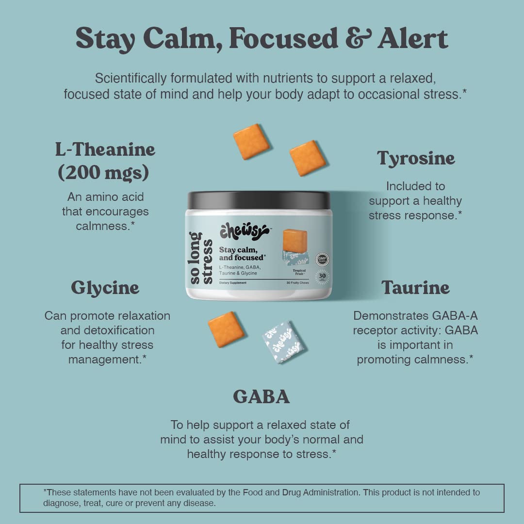 Chewsy So Long Stress, Calm Fruity Chews, Stay Calm & Focused. w/L-theanine, Amino Acid, GABA, Glycine, Tyrosine, Taurine & Magnesium. Non-GMO and Gluten-Free. Tropical Fruity Chews, 30-Day Supply CHEWSY uk supplements
