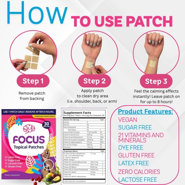Swift Patch Focus Patch for Adults (30 Day Supply) + Proprietary Blend (Men and Women) - Help Kids and Adults Focus with Patches 22 Ingredients with Proprietary Formula Ultimate Swift Patch uk supplements
