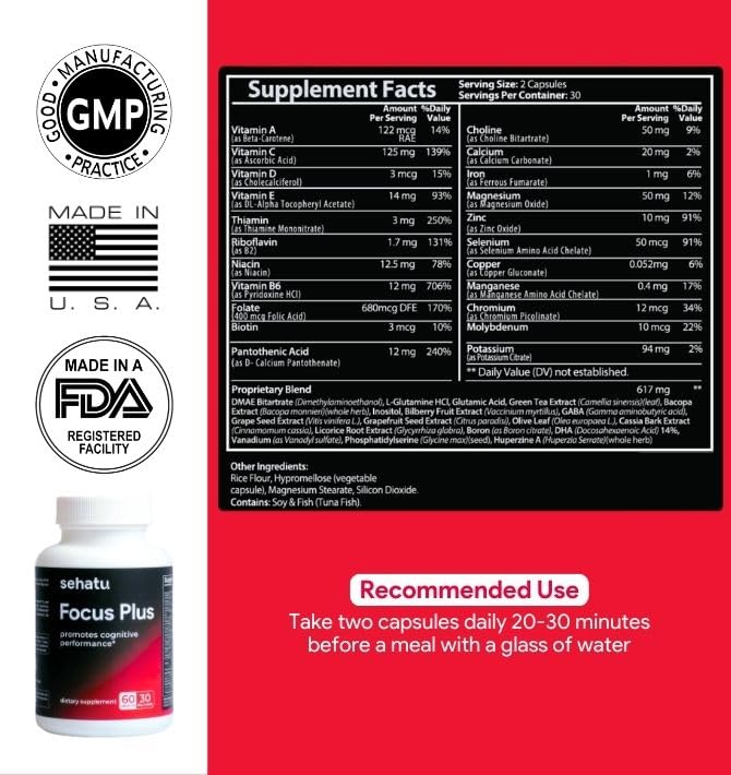 SEHATU Focus Plus Cognitive Performance Enhancer | with N-Acetyl L-Tyrosine, DMAE Bitartrate, GABA, Glutamic Acid | Boosts Focus, Enhances Memory, Supports Brain Health | 60 Count | 30 Day Supply SEHATU uk supplements