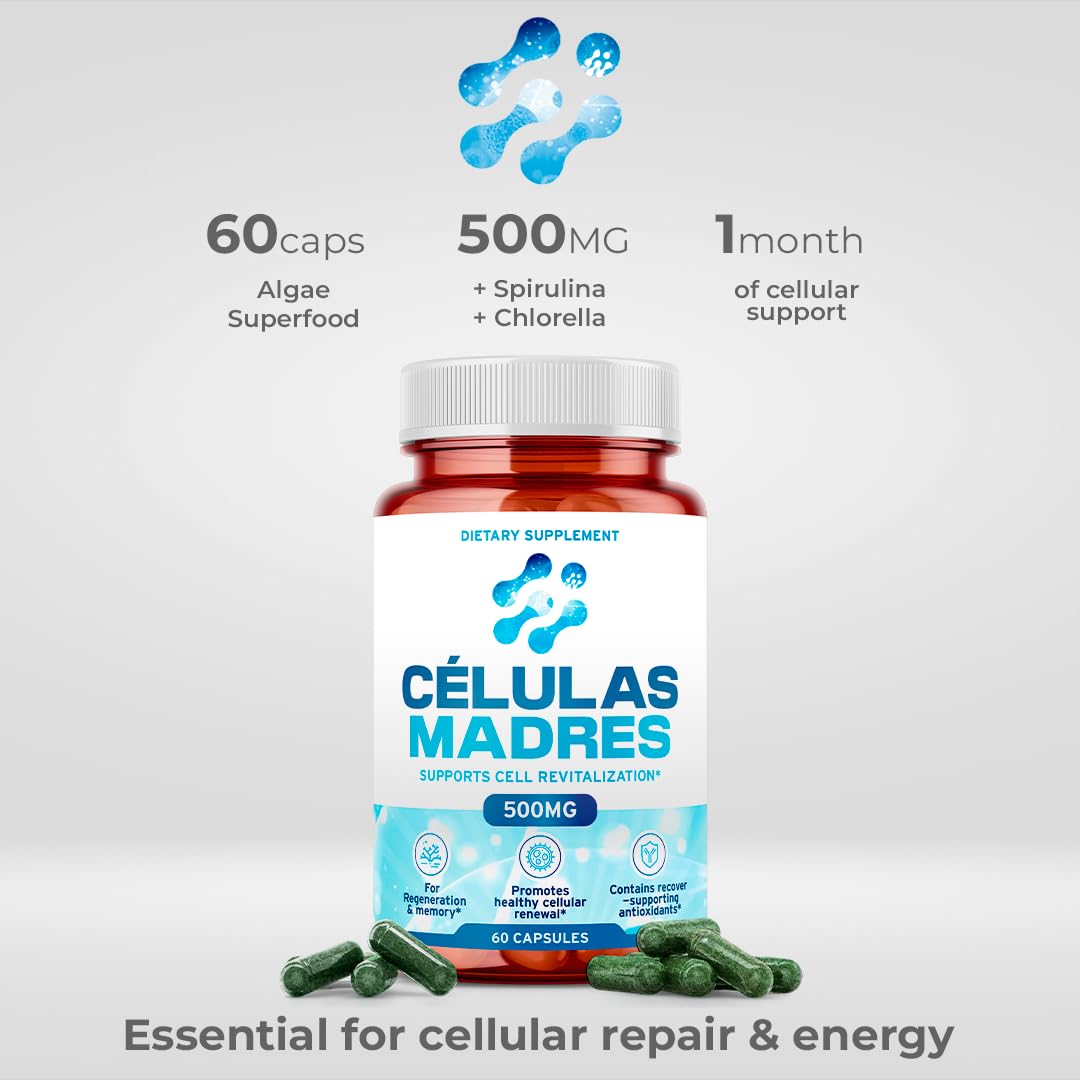Stem Cell Supplements 500mg (60 Cap) Natural Anti-Aging & Longevity Support with Spirulina & Chlorella, Boost Cellular Renewal, Restore Youthful Energy, Reduce Joint Soreness – Celulas Madre AURA VITAMINS uk supplements