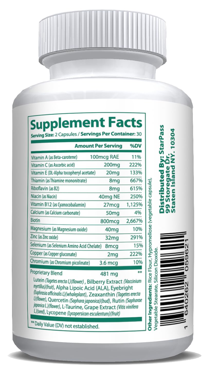 Pure Eye Health Vitamin & Mineral Supplements for Adults | #1 Complete Research Vision Formula w/Bilberry, Lutein, Zeaxanthin, Lycopene, Resveratrol | Supports Eye Strain, Dry Eyes 60 Capsules StarPass Labs uk supplements