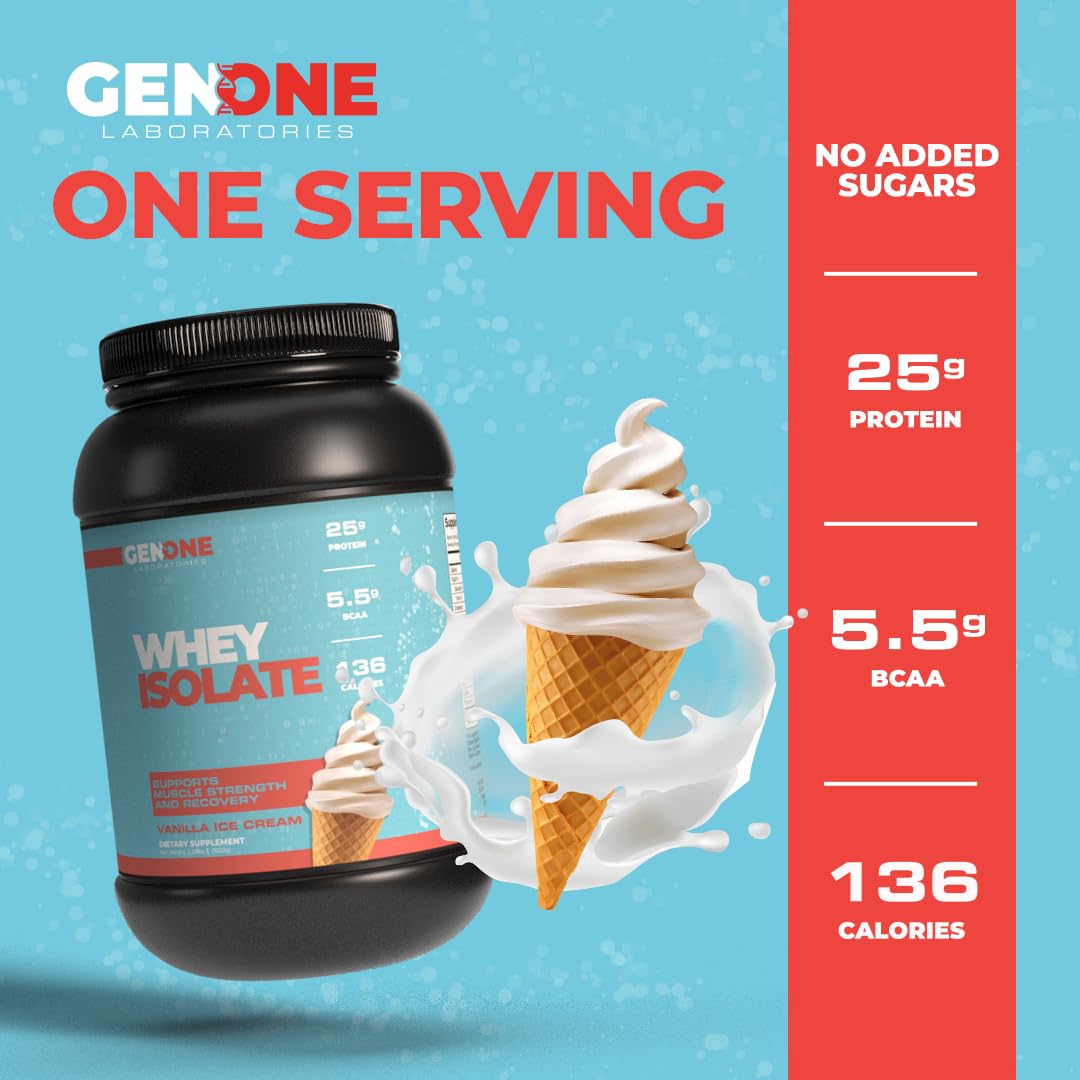 GenOne Whey Protein Powder Isolate, 25g Protein and 5.5g BCAAs per Serving, Vanilla Ice GENONE LABORATORIES uk supplements