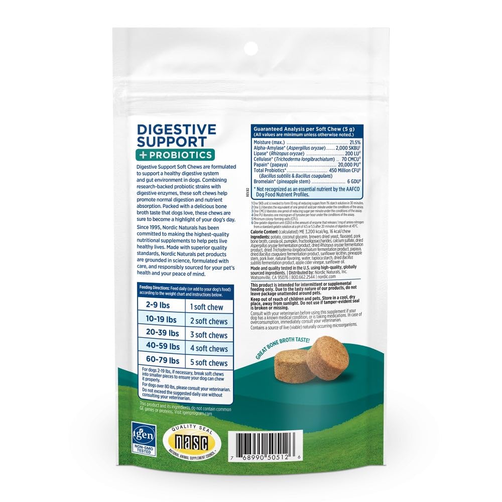 Nordic Naturals Pet Digestive Support with Probiotics, Pork Bone Broth Flavor - 30 Soft Chews - Nutritional Supplement for a Healthy Digestive System and GI Support - 30 Non-GMO Chews Nordic Naturals uk supplements