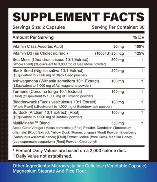 Trisundi Sea Moss Complex with Black Seed Oil, Ashwagandha & Burdock Root – All-in-One Herbal Supplement with Vitamins & Minerals – 60 Capsules Trisundi uk supplements