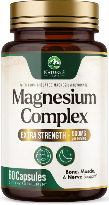 Magnesium Complex Supplement - Magnesium 500mg Per Serving - High Absorption Blend of Glycinate, Citrate, Malate, Oxide - Supports Sleep, Muscle, Bone, Heart Health - Bottled in USA - 60 Capsules Nature's Peak uk supplements