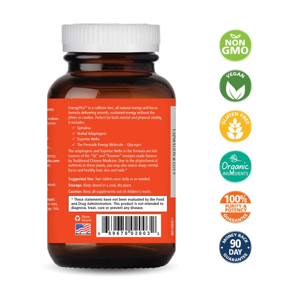 Energy Plus by Pure Essence - Caffeine Free, All Natural Herbal Energy and Focus Supplement - Smooth, No Jitters No Crash - 60 Tablets PURE ESSENCE LABS uk supplements