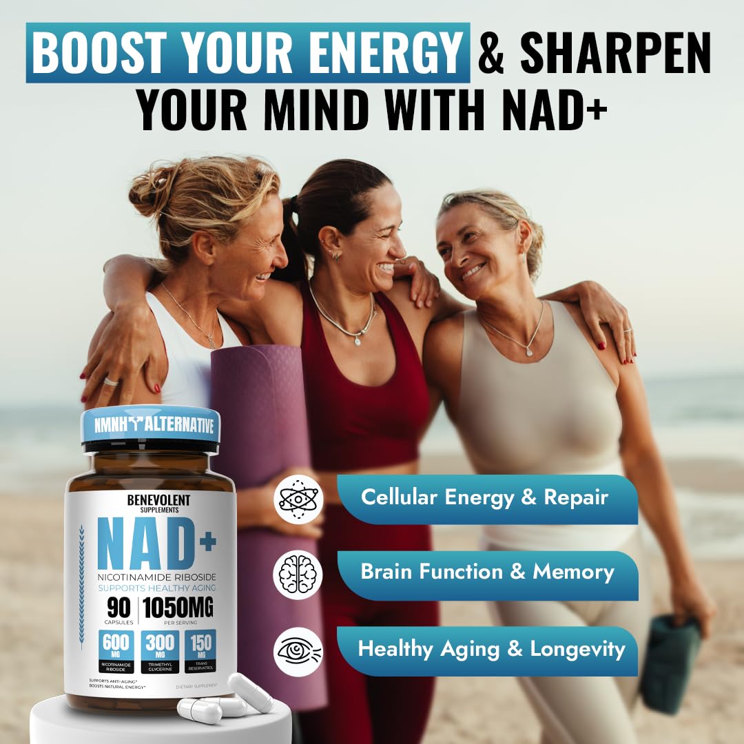Benevolent NAD+ Supplement 1050mg, Max Absorption 3in1 NAD Supplements for Women & Men with Nicotinamide Riboside, Trans-Resveratrol & TMG, NAD Plus for Cellular Energy, Brain Support & Aging, 90 Caps Benevolent Nourishment uk supplements