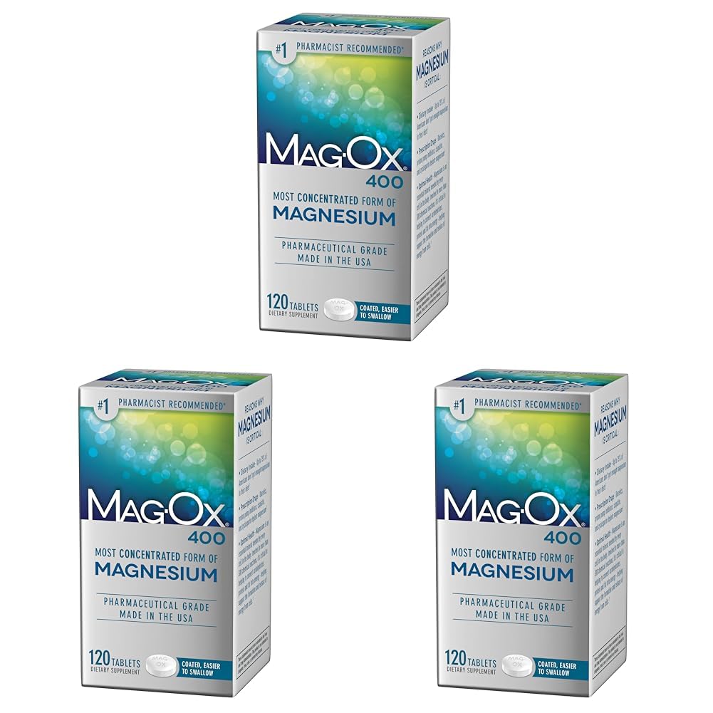 Mag-Ox Magnesium Supplement, Pharmaceutical Grade Magnesium Oxide 483mg, Most Concentrated Form of Magnesium, 120 Tablets (Pack of 3) Mag-Ox 400 uk supplements