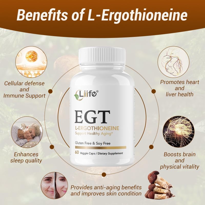 LIIFE L-Ergothioneine Supplement (EGT) 30mg,Compound Antioxidant Supplement (May Support Longevity and Healthy Aging) Promotes Skin Health，60 Capsules，Non-GMO, Gluten Free, Vegan Safe LIIFE uk supplements