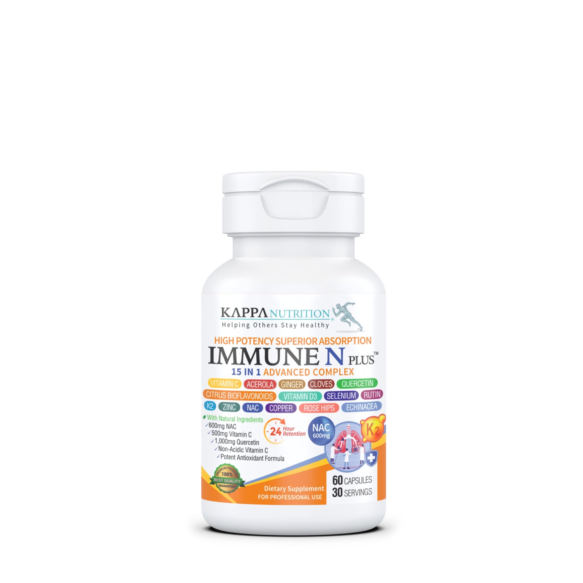 (60 Capsules), NAC 600mg, Quercetin 1,000mg, Vitamin C 500mg, Zinc 50mg, Vitamin D3 5,000iu, Selenium, Copper, Acerola, Ginger, Rutin, Citrus Bioflavonoids, Rose Hips, Echinacea, Immune N Plus 15 in 1 KAPPA NUTRITION uk supplements