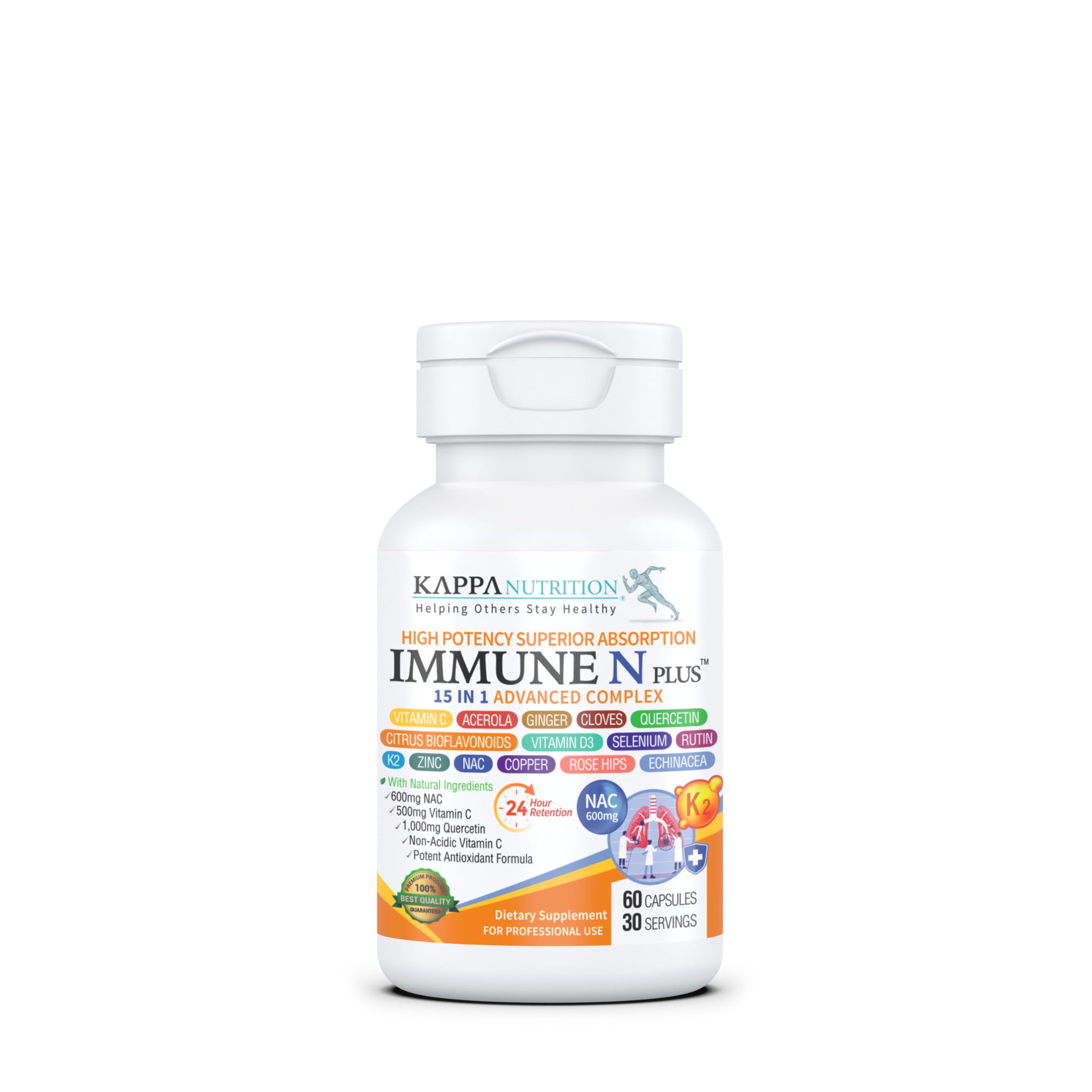 (60 Capsules), NAC 600mg, Quercetin 1,000mg, Vitamin C 500mg, Zinc 50mg, Vitamin D3 5,000iu, Selenium, Copper, Acerola, Ginger, Rutin, Citrus Bioflavonoids, Rose Hips, Echinacea, Immune N Plus 15 in 1 KAPPA NUTRITION uk supplements