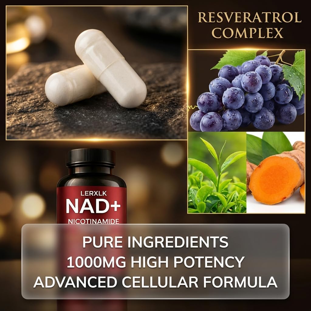 LERXLK NAD+ Supplement 1000mg – Liposomal Nicotinamide Riboside with Resveratrol, Advanced Cellular Energy & Healthy Aging Support, 60 Vegetarian Capsules LERXLK uk supplements