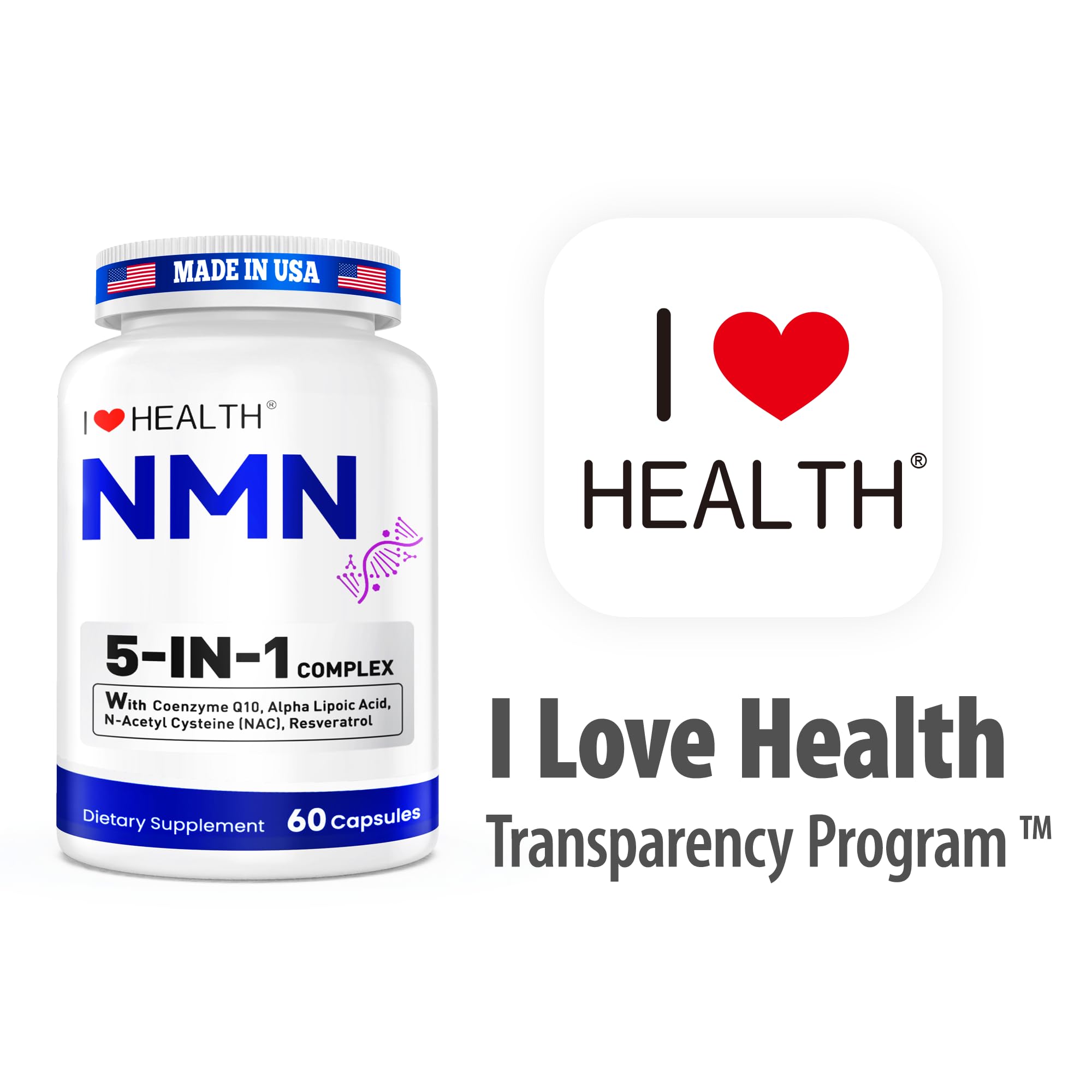 I LOVE HEALTH NMN Supplement, 5-in-1 Complex with NAC, Alpha Lipoic Acid, CoQ10 & Resveratrol - High Absorption Anti Aging Formula - Third Party Tested, cGMP, Gluten Free - 60 Capsules I LOVE HEALTH uk supplements