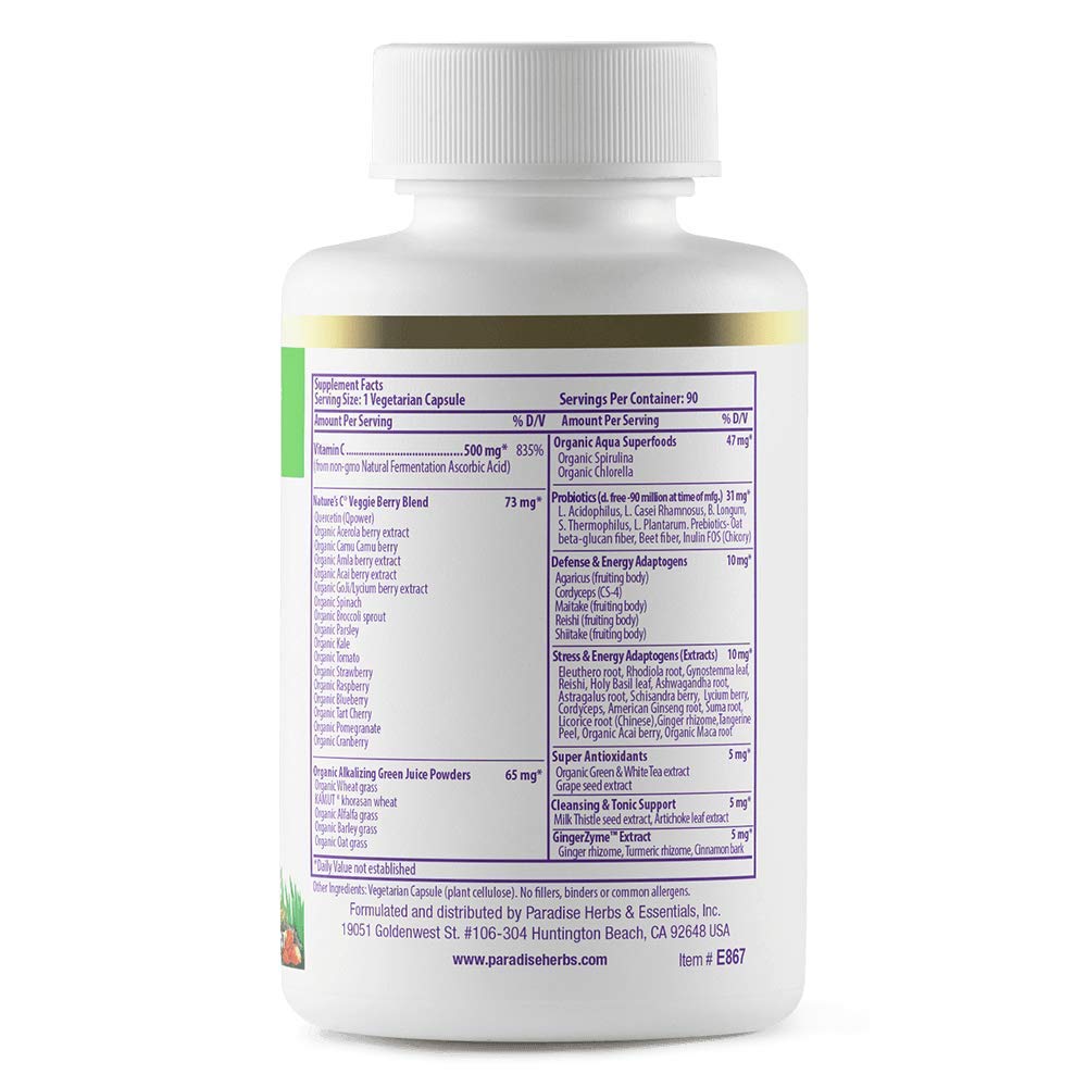 Paradise Herbs Earth's Blend Vitamin C with Nature's C and Adaptogens, Superfoods Base of Probiotics & Organic Alkalizing Greens, 90 Vegetarian Capsules Paradise Herbs uk supplements