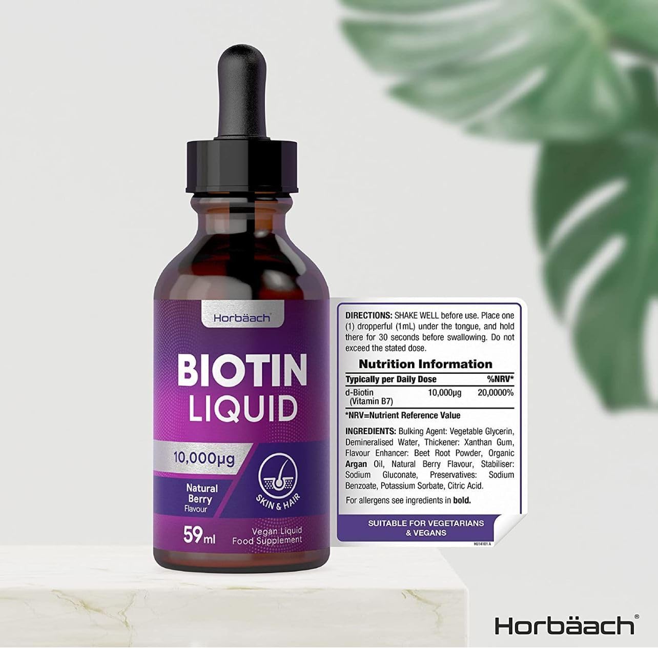 Biotin Liquid Drops for Hair & Skin Support | 10000 mcg Supplement | 59 ml Vitamin B7 Horbäach uk supplements